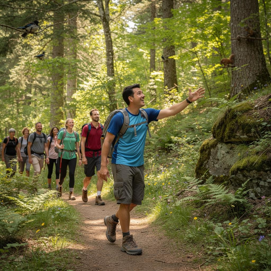 Birdwatchers observing colorful birds in their natural habitat within a protected forest.